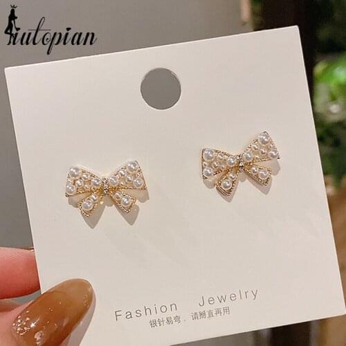 Iutopian 2021 Autumn Butterfly Fashion Bow Mini Stud Pearl Earrings For Women S925 Needle Anti Allergy Daily Jewelry #HJ127