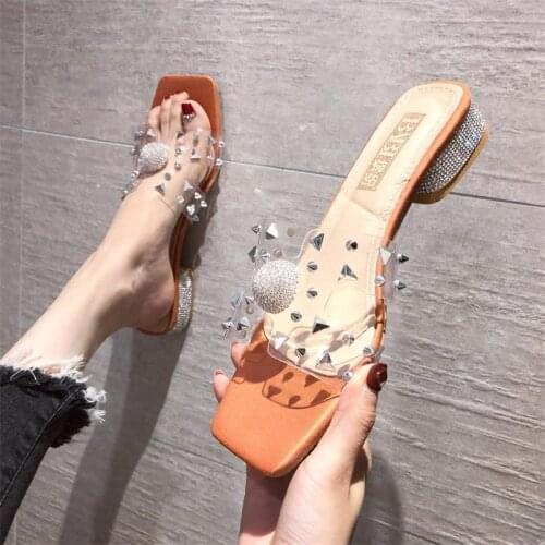 Ladies high-heeled slippers summer new style hot sale exquisite low-heeled rhinestone rivet flip flops comfortable