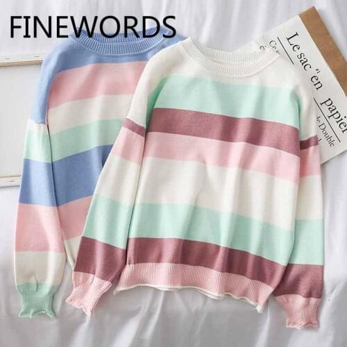 FINEWORDS Retro Colorful Striped Sweater Women O Neck Long Sleeve Pullover Fall Ladies Sweaters Harajuku Casual Loose Pull Femme