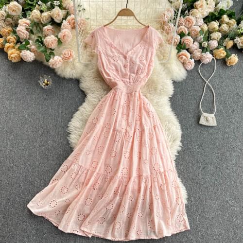 Feifei Sleeve Vacation Vestidos Female Summer Temperament V-neck Buttoned Slim Midi Bohemian Dress GK278