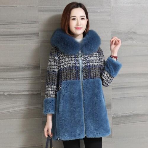 2019 Winter Coat Women Real Fur Coat Female Fox Fur Collar Sheep Shearling Jacket Long Tweed Coats Manteau Femme MY4413
