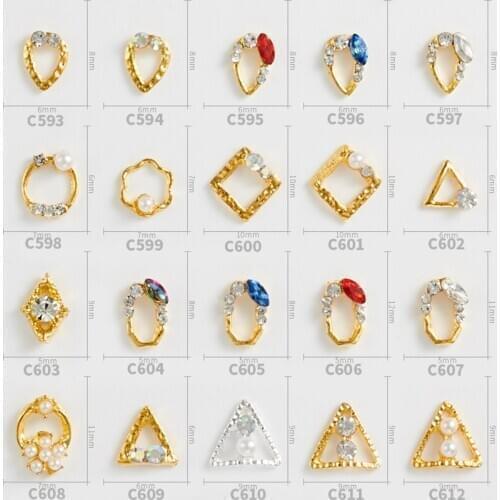 20pcs High Quality Hollow Metal Fittings Triangle Box Love Shape Pearl Rhinestone Decoration DIY Nail Supplies Accessories