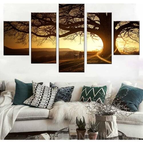 Canvas Pictures 5 Pieces Sunset Tree Landscape Paintings Wall Art Modular HD Prints Poster Home Decor For Living Room Framework