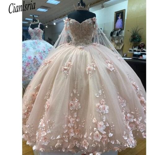 Quinceanera With Cape 2021 Appliques 3D Flowers Beads Party Princess Sweet 15 Ball Gown Off Shoulder