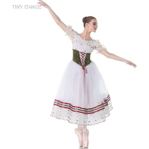 Adult Girls Romantic Length Velvet Top Bodice Ballet Tutu with White Tulle Dress and Rows of Different Colors Ribbon Trim 18007