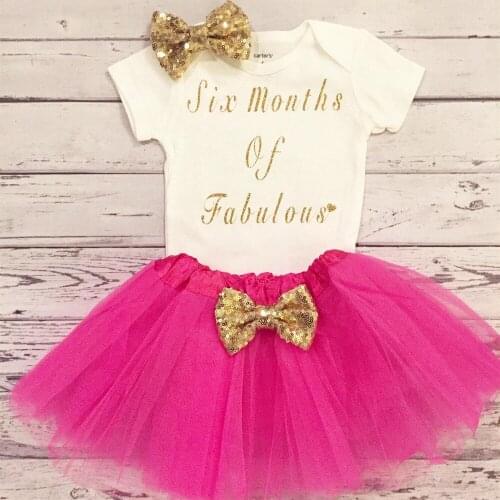 Baby girl six months of Fabulous Bodysuit ,gold and hot pink six month outfit tutu,Birthday outfit set, Custom Birthday Outfit