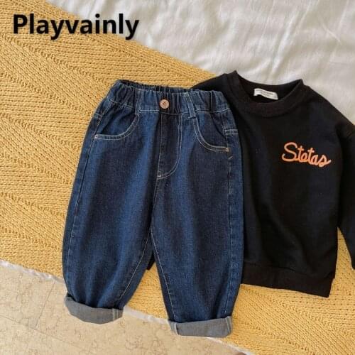 2021 Korean Style New Autumn Boy Girls Pants Elastic Waist Dark Blue Casual Pocket Haren Trousers Loose Simplicity Clothes E6241