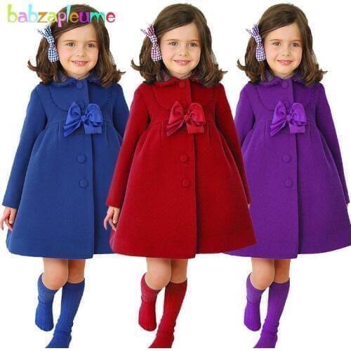 3-7Years/Autumn Winter Baby Girls Wool Long Princess Red Blue Coats Kids Clothes Warm Childrens Jackets Infant Outerwear BC1119