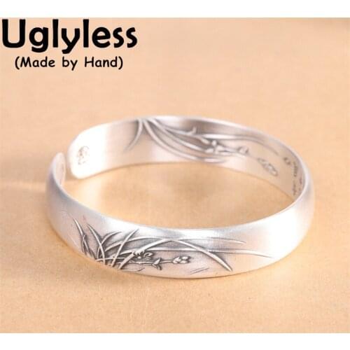 Uglyless Elegant Orchid Grass China Chic Bangles for Women Real 999 Pure Silver Ethnic Jewelry Oriental Charm Thai Silver Bangle