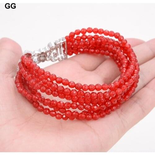 GuaiGuai Jewelry 8'' 7 Strands Red Jades Gems Stone Bracelet Cz Clasp For Women