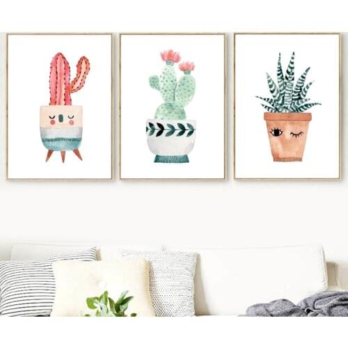 Watercolor Cartoon Potted Cactus Flower Wall Art Canvas Painting Nordic Style Kids Room Poster Hd Prints Home Decoration Picture