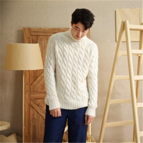 100% hand made wool blend turtleneck twisted knit men solid H-straight loose pullover sweater one&over size