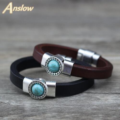 Anslow Creative Design Retro Vintage Natural Stone Beads Charms Wrap Leather Bracelets Bangles For Men Christmas LOW0675LB