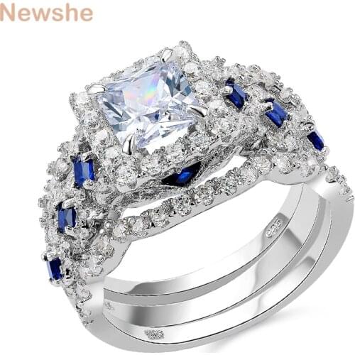 Newshe Wedding Ring Sets Classic Jewelry 3 Pcs 925 Sterling Silver 2.6Ct White Blue AAAAA CZ Engagement Rings For Women JR4972