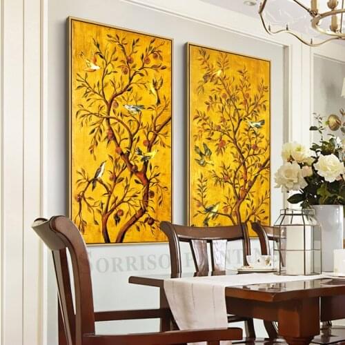 Golden Auspicious Tree Birds Wall Art Canvas Painting Hallway Posters And Prints Pictures For Living Room Home Corridor Decor