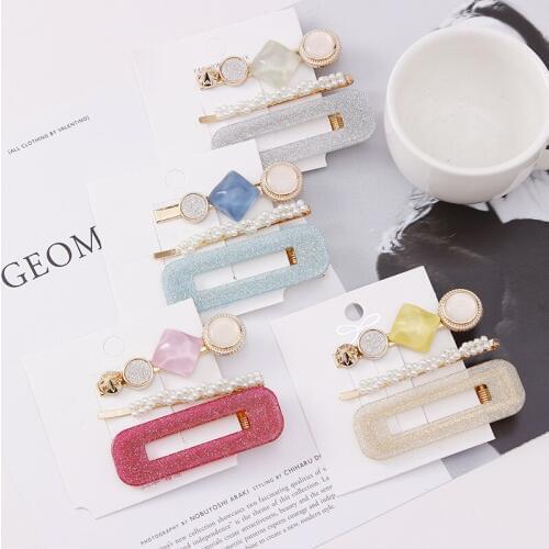 New 1Set Fashion Women Girls Headband Pearls Acetate Geometric Hair Clips Sweet Hairpins Barrettes cute Hair Accessories Set