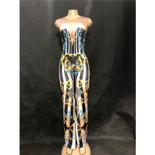 2020 Women New Sexy Skin Color Jumpsuit 3D Printed Totem Bell-Bottoms Nightclub Party Birthday Celebrate Stage Wear Customes