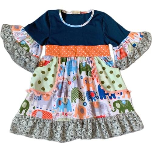 New girl design Summer Children Cotton elephant pattern lace dress Gray silk Dark green top dress