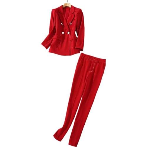 White Stitched Red Blazer Set Women Office Wear 2Pcs Outfits Double Breasted Buttons Long Sleeve Jacket + Slim Pencil Pants