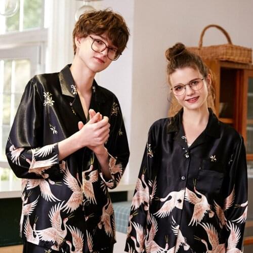 Womens Pajamas Autumn Luxury Style Ice Silk Thin Crane Printing Couple Pajamas Set Men Women Daily Loungewear 2 Pieces Suits