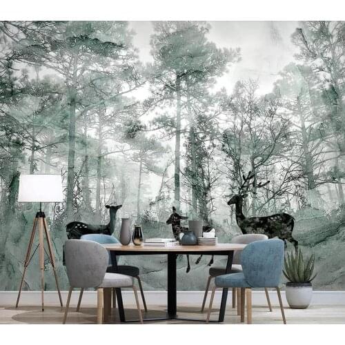 Custom 3D Nordic forest elk fantasy marbling bedroom living room background wall painting