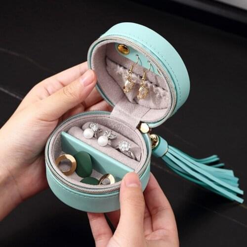 Portable Jewelry Box Storage Organizer PU Leather Small Round Jewellery Case Rings Earrings Zipper Box for Women