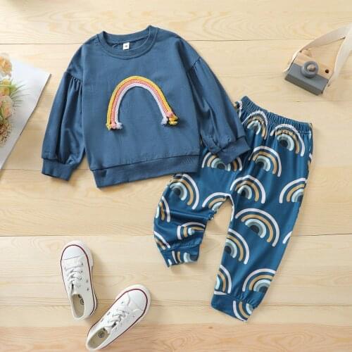 Toddler Baby 2Pcs Casual Fall Outfits Suit Long Sleeve Crew Neck Rainbow Tops+Elastic Waist Pants Clothes Set Homewear