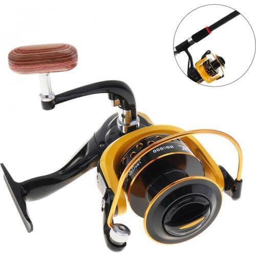 12BB 6000 Fishing Reel Spinning Wheel with 18kg Drag Power with Double Colour Metal Line Cup & Wooden Handle Knob