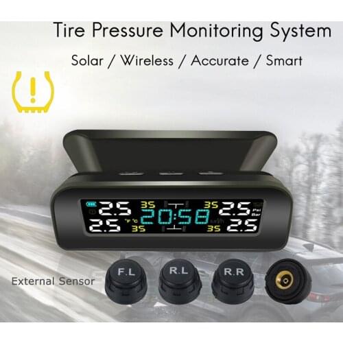 Universal TPMS Wireless Tire Pressure Monitoring System Solar Power Clock LCD Display Tire Pressure Sensors