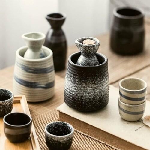 Wine Cold Sake Set With Warmer Japanese Style Ceramic Retro Gray Sake Set Black Wine Vintage Copas De Vino Kitchenware EI50BW
