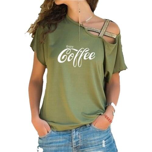 ONSEME Female T Shirt Enjoy Coffee Letter Print T Shirts Women Irregular Skew Cross Bandage Tops Tee