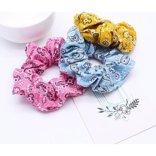 Women Women Girls Ruched Pleated Large Intestine Hair Rope Bohemian Ethnic Retro Paisley Floral Printed Ponytail Holder Bandanna