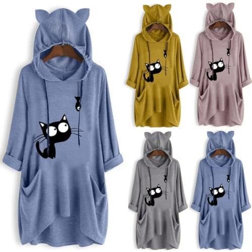 Women Casual Long Sleeve Cat Ear Hooded Pocket Sweatshirt Irregular Blouse Top Funny Cartoon Black Cat Print Solid Color Shirt