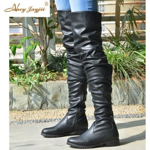 Black Flat Long Winter Boots Over the Knee Shoes For Ladies Warm Big Size 43 44 Pleated Classic 2019 Zipper Fashion NANCYJAYJII