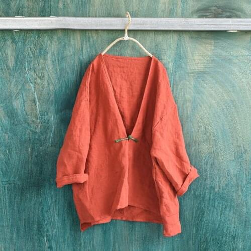 Spring Summer Women Tops Cotton Linen V neck Solid Color Cardigan Long Sleeve Thin Vintage Blouse Female YoYiKamomo