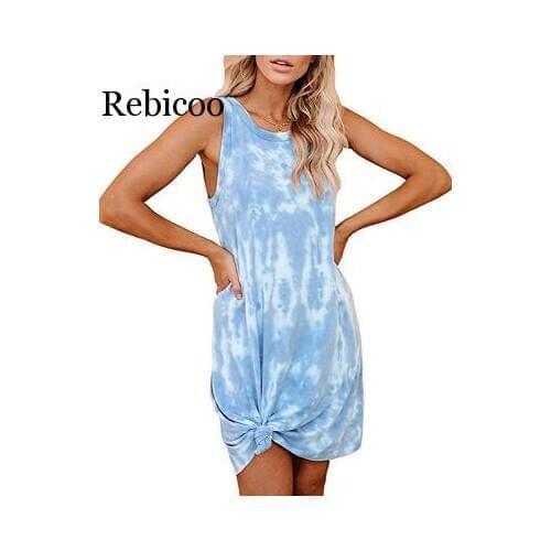 Rebicoo new summer womens tie-dye printed round neck loose casual dress