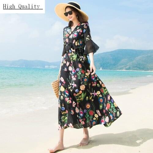 Women Silk Summer Dress Long Black Print Floral Elegant Dress Slim High Quality Dresses Maxi Vestidos Verano 2020 LWL1539