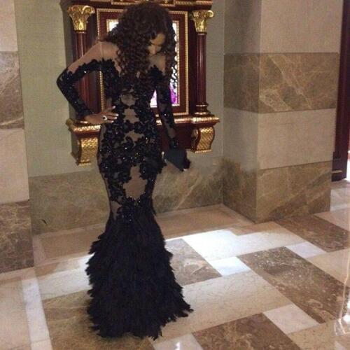 Robe De Soiree Black and Champagne Lace Mermaid Evening Prom Dresses Scoop Neck Long Sleeve Floor Length for Wedding Party