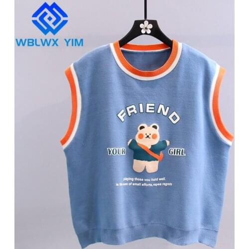 Fashion Cartoon Print Knitted Sweater Vest Women O-Neck Sleeveless knit Vests Pullover Female AutumnTops Sweaters Waistcoats