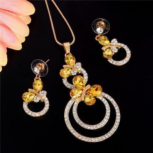 2020 Gold Color Circle Pendants & Necklace Drop Earrings Cubic Zirconia Stone Crystal Romantic Wedding Bridal Jewelry Sets