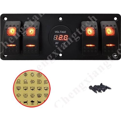 4 Gang Orange Led Rocker Toggle Switch Panel With Red Led Digital Voltage Voltmeter Socket Aluminum Panel For Car Boat Marine