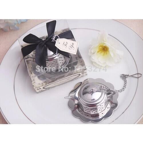 Free shipping! 100pcs/lot! Stainless steel Teapot Shape tea strainer with chain+tray+gift box! Gift For wedding party favors