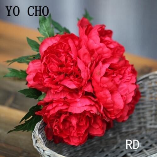 YO CHO Big Vivid Fake Peonies Bouquet Flowers Silk Peony Autumn Artificial Flowers Wedding Home Party Decoration 5 Heads Floral