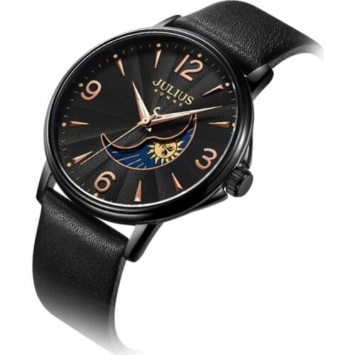 Real Sun&Moon Mens Watch Japan Quartz Man Hours Fine Fashion Real Leather Bracelet Boys Gift Julius Box