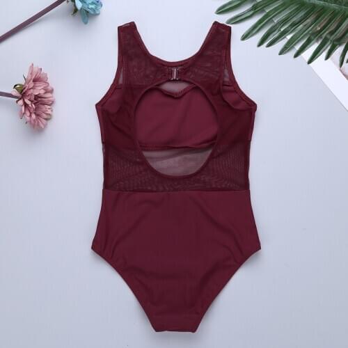 Kids Girl Mesh Dance Leotards Round Neck Ballet Leotards for Girls Ballet Practice Dance Costume Cutout Back Gymnastics Bodysuit