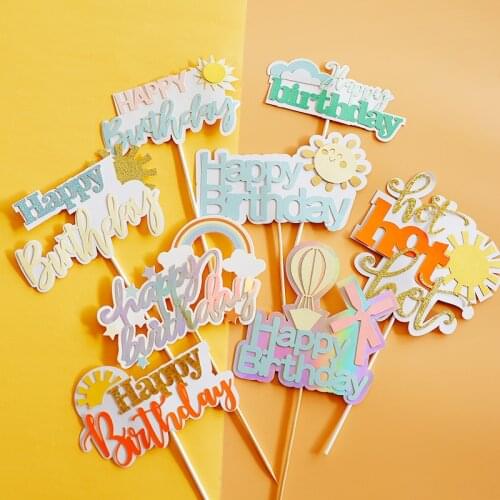 Birthday Happy Cake Topper Kids Baking Decorations Summer day Rainbow Sun color Flags 1st Birthday Party Girl Cake Topper