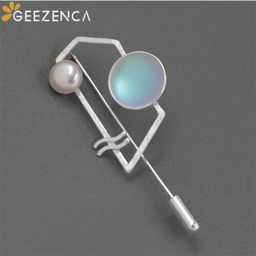 GEEZENCA 925 Sterling Silver Pearl Womens Brooch Fine Jewel Memphis Style Unique Trendy Geometric Pin Brooches Anniversary Gift