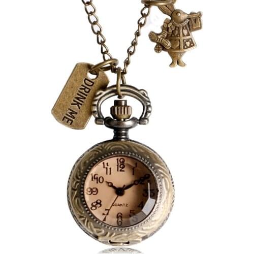 Xmas Gift New Fashion with Drink Me Tag Cute Rabbit Mini Pocket Watch Necklace Chain Women Men Gift P306