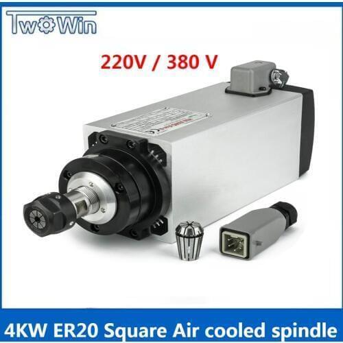 4 KW Air Cooled Square Spindle Motor for CNC Engraving Milling Grind 220v or 380V AC ER20 with 4 pcs Bearings High Speed