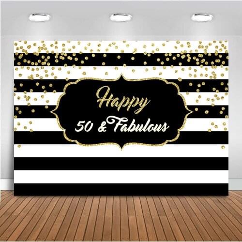 Neoback Happy 50th Birthday Backdrop for Photography Black and White Stripe Background for Photo Studio Party Decoration 540